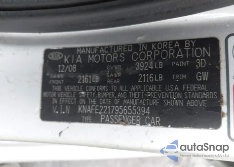 2009 Kia Spectra Ex z USA, uszkodzony, nr VIN KNAFE221795655394